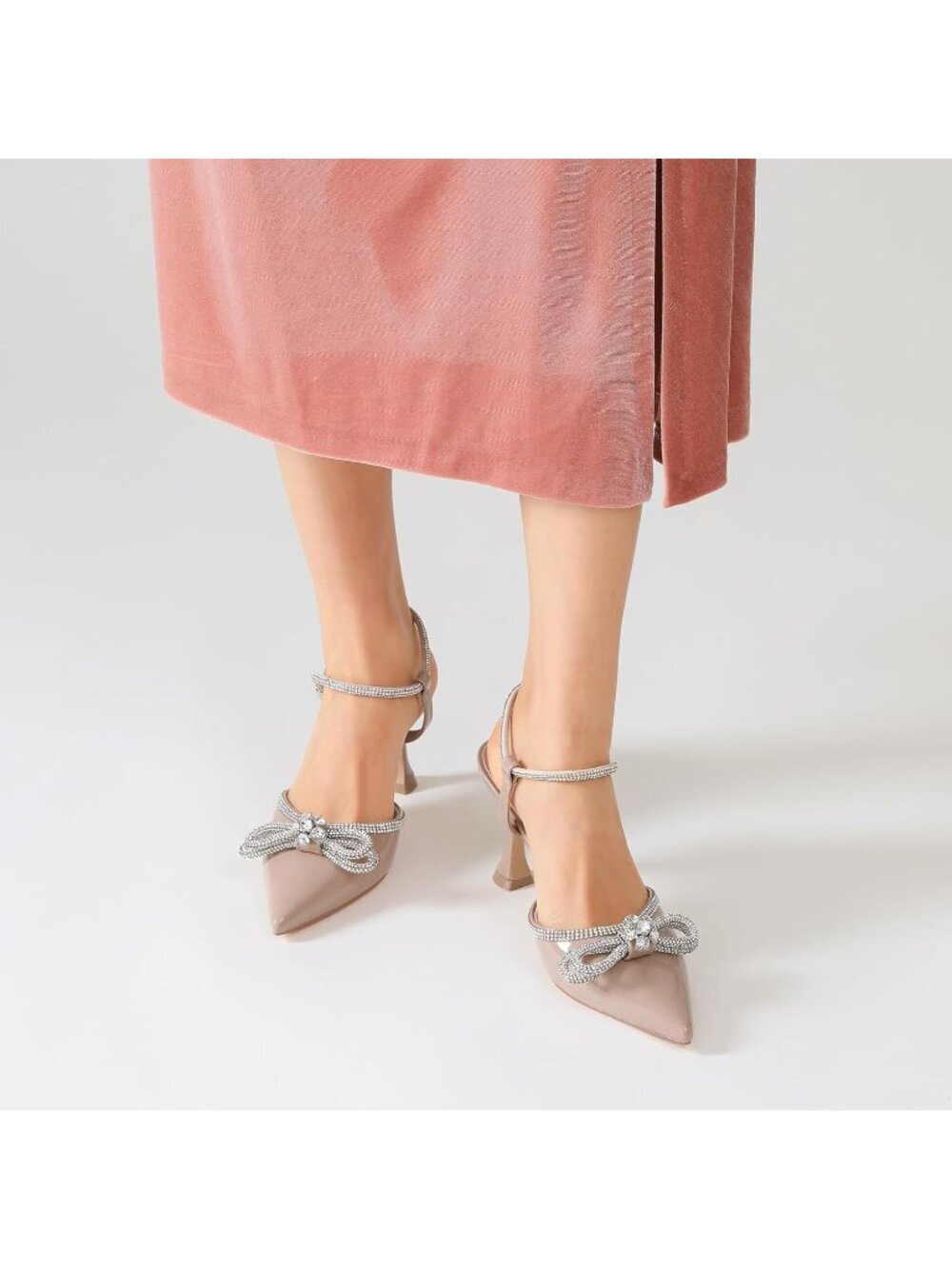 Women's Nude Patent Closed Toe Rhinestone Low Slingback Shoes Kitten Heels - Picture 6 of 7